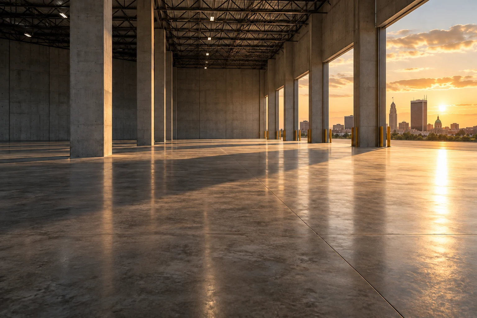 concrete warehouse interior overlooking the Fort Wayne skyline at sunset